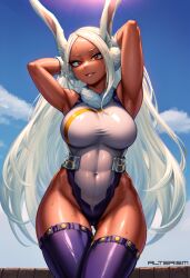 1girls ai_generated alterism big_breasts boku_no_hero_academia bunny_ears bunny_girl busty dark-skinned_female dark_skin hero_outfit_(mha) highleg_leotard hourglass_figure legwear leotard long_hair miruko my_hero_academia outdoors red_eyes rumi_usagiyama solo stable_diffusion thick_thighs thighhighs tight_clothing usagiyama_rumi white_gloves white_hair