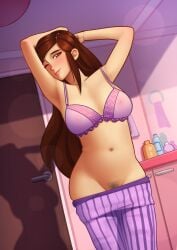 1girls belly blush bottle bra breasts brown_hair character_request closet deilan12 door doorknob female hair long_hair no_panties one_eye_closed original original_character pubic_hair smile tagme