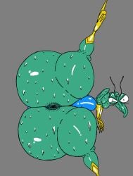 3_toes 4_fingers antennae_(anatomy) anthro anus anus_behind_thong arthropod ass big_butt bodily_fluids bulge clothing dokarian feet fingers flat_colors footwear glistening glistening_body gloves handwear hanna-barbera insects lying male mantis on_side plamzdoom solo space_ghost_(series) spread_legs spreading sweat thong toes underwear