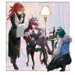 1girls 2boys big_breasts butler cleavage diluc_(genshin_impact) drink female femdom genshin_impact hayama_eishi kaeya_(genshin_impact) male malesub red_hair rosaria_(genshin_impact) servant thighhighs uniform wine_glass