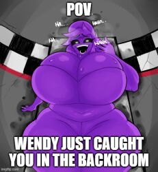 1girls big_breasts bust busty cleavage eyebrows female female_focus female_only five_nights_at_freddy's huge_breasts impact_(font) large_breasts laugh laughing laughing_at_viewer looking_at_viewer looking_down meme mrjaysin pov purple_body purple_girl purple_hair purple_skin rule_63 solo solo_female solo_focus text thick thick_legs thick_thighs thighs voluptuous voluptuous_female wendy_afton wide_hips william_afton