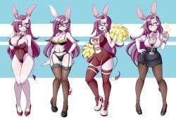 big_breasts bra breasts bunnysuit cachi_(lucyfercomic) cheerleader_uniform cleavage donkey female female_focus female_only garter_belt high_heels lingerie lucyfercomic multiple_outfits office_clothing original original_character panties pom_poms simple_background tagme tail thick_thighs wide_hips