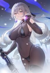 1girls black_swimsuit bodysuit breasts bronya_rand cleavage curvy drill_hair earrings female female_focus female_only fukuro_ko_(greentea) honkai:_star_rail honkai_(series) large_breasts long_hair looking_at_viewer navel revealing_clothes silver_eyes silver_hair solo swimsuit thick_thighs