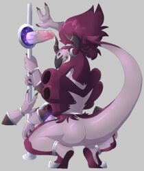 1boy 1male 6_arms demon_boy demon_horns demon_tail full_body genital_fluids hoopa hoopa_(unbound) legendary_pokémon legendary_pokemon magenta_hair penis pokemon_(species) pole_dancing portal_ring rings