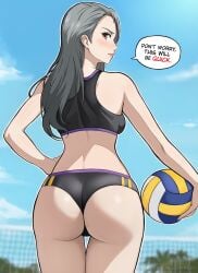 1girls ass atlus beach breasts bubble_butt cowboy_shot english_text female female_ass female_focus female_only grey_hair holding_object legs_together lepypepy light-skinned_female long_hair outdoors persona persona_5 sae_niijima sportswear text thigh_gap thighs volleyball volleyball_uniform