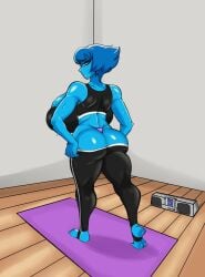 1girls 5_toes ass barefoot big_ass big_breasts big_butt blue_body blue_eyes blue_hair blue_skin boombox eyebrows eyebrows_visible_through_hair fat_ass feet female female_only gem_(species) huge_breasts lapis_lazuli_(steven_universe) large_breasts leggings looking_at_viewer looking_back mrjaysin panties short_hair soles solo solo_female solo_focus steven_universe stirrup_legwear stirrups thick_thighs thighs toeless_legwear toes workout_clothes yoga_pants