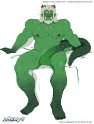 beard belly big_penis chernobog_kuzarnak dragon english_text facial_hair genitals hairy hi_res humanoid hybrid licorneart lounging male male_only mature_male musclegut one_eye_closed orc orc_male penis text url wink