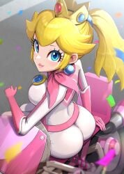 1girls ass belt biker_clothes bikesuit blonde_hair blue_eyes bodysuit breasts confetti crown earrings gloves gonzarez hi_res jewelry looking_at_viewer looking_back mario_(series) mario_kart motorcycle nintendo ponytail princess_peach scarf skin_tight smile solo tight_clothing