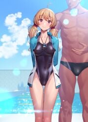 1boy 1girls absurdres blonde_female blonde_hair blue_eyes blush breasts bulge bulge_through_clothing chainlink_fence cowlick erect_nipples eyebrows_visible_through_hair female medium_breasts multicolored_eyes muscular_male one-piece_swimsuit original original_character petite purple_eyes remana speedo stopwatch swimming_pool swimsuit thigh_gap track_jacket twintails