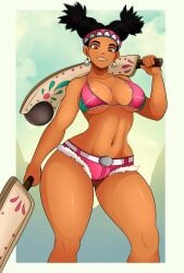 1girls big_breasts bikini bikini_top black_hair busty capcom child_bearing_hips cleavage club_(weapon) cuauhololli daisy_dukes_bikinis_on_top dark-skinned_female dark_skin earrings eyebrows female female_focus female_only jean_shorts large_breasts lily_hawk looking_at_viewer native_american navel orange_eyes short_shorts shorts smile solo solo_female solo_focus sonson-sensei street_fighter street_fighter_6 thick_thighs thighs voluptuous wide_hips