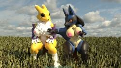 16:9 anthro bandai_namco big_breasts breasts crossover death_battle digimon digimon_(species) digital_media_(artwork) feces female female/female female_lucario generation_4_pokemon hi_res lucario nintendo pokemon pokemon_(species) pooping_on_another renamon scat suicune_queen_(artist) widescreen