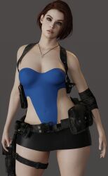 1girls 3d agent_4_tea_se7en blue_topwear brown_hair female female_only holster jill_valentine jill_valentine_(sasha_zotova) leg_holster leotard miniskirt necklace portrait resident_evil resident_evil_3 resident_evil_3_remake short_hair skirt small_breasts thick_thighs thong_leotard tubetop