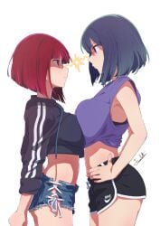 2girls alternate_breast_size arima_kana asymmetrical_docking black_shorts blue_eyes blue_hair brand_name_imitation breast_press breasts catfight clenched_hand closed_mouth crop_top cropped_sweater cutoffs denim denim_shorts face-to-face feca feca_(artist) from_side fully_clothed glaring hand_on_own_hip highres kurokawa_akane large_breasts lightning_glare lightning_stare looking_at_another medium_breasts multiple_girls oshi_no_ko red_eyes red_hair short_hair short_shorts shorts side-tie_shorts staredown