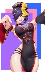 1girls alternate_costume arms_up black_nails breasts female female female_only fire_emblem fire_emblem_heroes hair_over_one_eye halloween halloween_costume highres igni_tion jiangshi kiran_(female)_(fire_emblem) kiran_(fire_emblem) large_breasts lipstick makeup nail_polish nintendo purple_hair short_hair sideboob