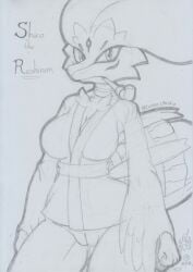 2023 anthro asian_clothing blush bodily_fluids bottomless bottomless_female breasts cleavage clothed clothing dragon dragoness east_asian_clothing female female_dragon female_pokemon generation_5_pokemon genital_fluids genitals graphite_(artwork) innie_pussy japanese_clothing kimono kimono_only legendary_pokemon looking_at_viewer lunaris_parukia markings navel nintendo pokemon pokemon_(species) pokemorph pussy pussy_juice reshiram serious serious_face shiro_(lunaris_parukia) short_kimono smoking_pipe solo traditional_media_(artwork)