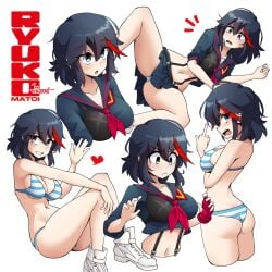 angry ass black_hair blue_eyes blush bra cleavage female female_only frown hi_res jestami kill_la_kill matoi_ryuuko medium_hair middle_finger navel panties red_strand_of_hair senketsu shy_smile skirt spread_legs striped_bra striped_panties surprised suspenders underwear waving white_background