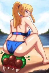 beach beg4cake bikini blonde_hair blue_eyes hairband lake lakeside looking_at_viewer looking_back metroid metroid_(creature) samus_aran sitting_on_head sky sweatdrop tree