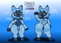 2022 anthro anus arrow_sign ass balls big_butt blue_background blue_body blue_ears blue_fur blue_tail claws dante_(nekoni) digital_media_(artwork) english_text fan_character fangs floragato fur generation_9_pokemon genitals hi_res looking_at_viewer looking_back male multicolored_body multicolored_ears multicolored_fur nekoni nintendo nude orange_eyes penis pink_nose pokemon pokemon_(species) sharp_teeth short_tail simple_background small_penis solo standing tail teapot_(body_type) teeth text thick_thighs tongue two_tone_body two_tone_ears two_tone_fur