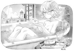 1girls bath bathing black_and_white border breasts cloud completely_nude convenient_censoring food fruit glass grayscale knees_up looking_at_viewer mogudan monochrome nude one-punch_man open_window petals short_hair sitting small_breasts solo suprised tatsumaki window