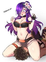 1boy 1girls absurdres accident alternate_costume artist_name bare_shoulders bikini black_bikini black_choker black_swimsuit blush bracelet breasts brown_hair cameltoe choker claude_von_riegan claude_von_riegan_(summer) cleavage embarrassed facesitting fingerless_gloves fire_emblem fire_emblem:_three_houses fire_emblem_heroes fire_emblem_warriors:_three_hopes flower flower_in_hair girl_on_top gloves hair_bun hair_flower hair_ornament hair_over_one_eye hetero highres jarckius large_breasts long_hair navel nintendo official_alternate_costume open_mouth plain_background purple_eyes purple_hair sandals shez_(female)_(fire_emblem) shez_(female)_(summer)_(fire_emblem) shez_(fire_emblem) shocked simple_background single_hair_bun sitting sitting_on_face sitting_on_person stomach straight swimshorts swimsuit unlikely_accident watermark white_background white_flower