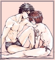 2boys arm_tattoo bandage_gloves bandaged_hands bandages black_bandages black_hair blue_eyes bulge closed_eyes fate/grand_order fate_(series) fujimaru_ritsuka_(male) fundoshi fundoshi_only fuuma_kotarou_(fate) hair_over_one_eye hand_on_head head_on_head head_pat highres kamenakake kamenakaoji looking_at_partner male male_focus male_only mostly_nude multiple_boys muscular muscular_femboy muscular_male nipples red_fundoshi red_hair short_hair smile tattoo trap underwear underwear_only wholesome yaoi