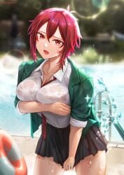 1girls absurdres aizawa_tomo artist_name between_breasts blurry blurry_background breasts highres large_breasts looking_at_viewer oerba_yun_fang open_mouth pool red_eyes red_hair senegalus_c skirt solo tomo-chan_wa_onna_no_ko uniform water wet wet_clothes