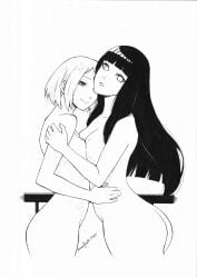 2girls animanghayodraw ass big_ass black_and_white breast_press breasts completely_nude dat_ass embrace haruno_sakura hugging hyuuga_hinata naruto naruto:_the_last naruto_(series) nude sakura_haruno short_hair sideboob sketch symmetrical_docking thick_thighs yuri