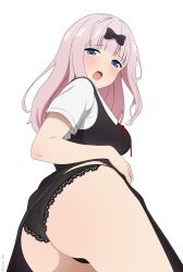 1girls accurate_art_style ass black_bow black_dress black_panties blue_eyes blunt_bangs blush bow breasts clothes_lift commentary coro_fae dress dress_lift female fujiwara_chika hairbow highres kaguya-sama_wa_kokurasetai_~tensai-tachi_no_renai_zunousen~ lace lace-trimmed_panties lace_trim large_breasts lifted_by_self long_hair looking_at_viewer official_style open_mouth panties pink_hair red_ribbon ribbon school_uniform short_sleeves shuuchiin_academy_school_uniform simple_background solo summer_uniform teeth thighs twitter_username underwear white_background