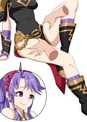 1girls bare_legs bare_thighs boots breasts commission deep_skin disembodied_hand dress earrings female female_only fire_emblem fire_emblem:_genealogy_of_the_holy_war groping high_ponytail highres igni_tion jewelry legs long_hair medium_breasts nintendo official_alternate_costume pelvic_curtain ponytail purple_eyes purple_hair sitting smile solo_focus tailtiu_(fire_emblem) tailtiu_(resplendent)_(fire_emblem) thigh_grab thighs white_background