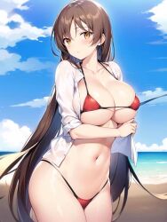 ai_generated aoyama_hatsune beach blue_sky brown_eyes brown_hair curvy hentai high_resolution highres huge_breasts jk_to_ero_giin_sensei long_hair nai_diffusion ocean outdoors pov red_bikini shiny_hair shiny_skin skyrimgamer17 stable_diffusion string_bikini unbuttoned_shirt