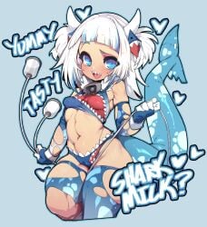 bare_shoulders black_outline blue_eyes blue_hair blue_outline blunt_bangs blush breasts cameltoe cleft_of_venus cropped_legs dot_nose female female_focus fins fish_tail gawr_gura gloves hair_ornament heart highres hololive hololive_english hololive_myth huh? long_hair looking_at_viewer milking_machine multicolored_hair navel open_mouth outline raised_eyebrow shark_tail sharp_teeth simple_background slugbox small_breasts solo streaked_hair tail teeth thick_thighs thighhighs thighs tongue tongue_out torn_clothes two-tone_hair two_side_up virtual_youtuber white_hair