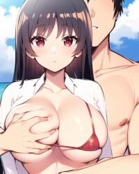 1boy ai_generated aoyama_hatsune blue_sky breast_grab brown_hair close-up hentai high_resolution highres huge_breasts jk_to_ero_giin_sensei long_hair nai_diffusion outdoor parted_lips red_eyes skyrimgamer17 stable_diffusion string_bikini unbuttoned_shirt upper_body