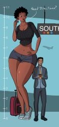 1boy 1girls beard big_breasts black_hair breasts caiman2 dark-skinned_female dark-skinned_male dark_skin emmabrave exposed_belly flirting giantess height_chart height_difference hips larger_female looking_down looking_up midriff mini_giantess navel original original_character short_hair size_difference smaller_male smartphone sneakers thick thick_thighs thighs wide_hips