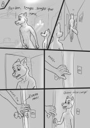 age_difference anthro briana_innocent_love canid canine comic door doorknob duo female hi_res livingroom male male/female mammal max_inocent_love monochrome nude size_difference spanish_text text wolfyalex96 younger_female