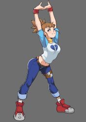 cammy_stretch digimon digimon_tamers female female_only gez1313 jeans makino_ruki navel ponytail red_hair rika_nonaka shirt sneakers solo stretching tagme