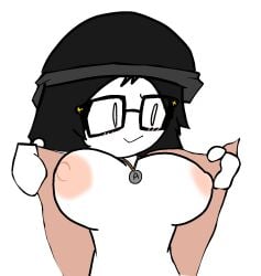 beanie black_hair breasts female femjak flashing_breasts glasses necklace nipple nsfw smiling soyjak soytan tagme traced_art unknown_artist white_skin