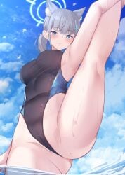 abydos_high_school_student ass big_breasts blue_archive competition_swimsuit expressionless foreclosure_task_force_(blue_archive) heterochromatic_pupils one_leg_up partially_submerged shiroko_(blue_archive) shiroko_(swimsuit)_(blue_archive) stretching swimsuit thick_thighs white_pupil wide_hips wolf_ears yoshiheihe