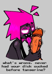 black_body blush dialogue freckles holding_penis licking_penis nanodude78 oc original_character penis pink_hair sharp_teeth voipina_(nanodude78)