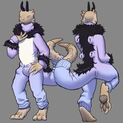 1:1 absurd_res anthro antlers bulge clawed_fingers claws clothed clothing detailed_bulge fully_clothed furgonomics hi_res hindpaw horn male pawpads paws solo tail tan_body thecore34 toe_claws unknown_species