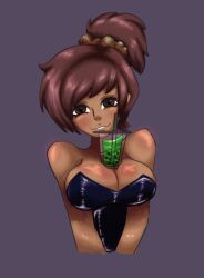 1girls aged_up amphibia anne_boonchuy big_breasts boba_tea breasts cup_on_boobs disney disney_channel female female_focus female_only simple_background smile solo straight_hair