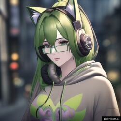 1girls ai_generated cat_ears female female_only glasses green_hair headphone headphones headphones_on_head headset light-skinned light-skinned_female light_skin pornpen.ai