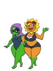 2girls clothed clothing female green_shadow_(pvz) lovetopullmicke peashooter_(pvz) plantie plants_vs_zombies solar_flare_(pvz) sunflower_(pvz)