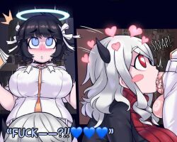 <3 1futa 1girls 2d 2d_(artwork) angel angel_girl azazel_(helltaker) bangs better_version_at_source big_breasts big_penis black_hair blue_eyes breasts censored clothed clothing cpt.lovers dialogue duo english_text erection fellatio female fully_clothed futa_on_female futanari halo heart-shaped_pupils helltaker humanoid light-skinned_female light-skinned_futanari light_skin lowres modeus_(helltaker) mosaic_censoring oral penis sex standing text