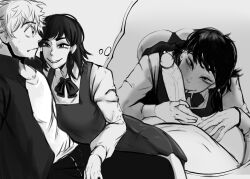 1boy 1girls chainsaw_man denji_(chainsaw_man) erection female fumiko_mifune_(chainsaw_man) greyscale handjob long_hair looking_at_viewer mobi_mobi monochrome penis shirt smile