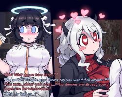 1futa 1girls 2d 2d_(artwork) angel angel_girl azazel_(helltaker) bangs big_breasts big_penis black_hair blue_eyes breasts clothed clothing cpt.lovers dialogue duo english_text erection female fully_clothed futa_on_female futanari halo helltaker humanoid light-skinned_female light-skinned_futanari light_skin lowres modeus_(helltaker) penis standing text