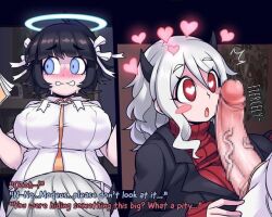 1futa 1girls 2d 2d_(artwork) angel angel_girl azazel_(helltaker) bangs better_version_at_source big_breasts big_penis black_hair blue_eyes breasts censored clothed clothing cpt.lovers dialogue duo english_text erection female fully_clothed futa_on_female futanari halo heart-shaped_pupils helltaker humanoid light-skinned_female light-skinned_futanari light_skin lowres modeus_(helltaker) mosaic_censoring penis standing text