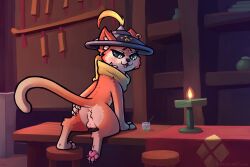 3:2 anthro anus ass backsack balls bar bar_stool clothing crown_prince_(gunfire_reborn) domestic_cat felid feline felis fur furniture genitals green_eyes gunfire_reborn hat hat_only headgear headgear_only headwear headwear_only hi_res looking_back male mammal mostly_nude nude on_counter orange_body orange_fur pawpads presenting presenting_hindquarters scarf semi-anthro solo stool yurusa