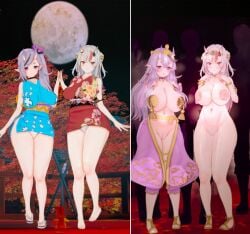 2_panel_comic 2girls 3d 3d_(artwork) alternate_breast_size artist_request before_and_after blue_hair cpmic crossover dancer_outfit hololive hololive_gen_2 hololive_japan kimono koikatsu nakiri_ayame nijisanji no_panties oni oni_horns rindou_mikoto short_kimono source_request tassels transparent_clothing underwear virtual_youtuber vtuber white_hair