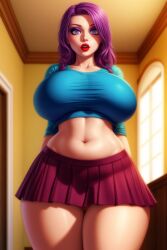 ai_generated belly_button bimbo blue_crop_top crop_top eyeshadow female gigantic_breasts human indoors long_hair looking_at_viewer low-angle_view makeup navel pleated_skirt plump purple_eyes purple_hair pursed_lips red_skirt skirt solo_female stable_diffusion straight_hair thick thick_lips thick_thighs tight_clothes tight_clothing voluptuous wgenjoyr4539