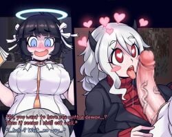 1futa 1girls 2d 2d_(artwork) angel angel_girl azazel_(helltaker) bangs better_version_at_source big_breasts big_penis black_hair blue_eyes breasts censored clothed clothing cpt.lovers dialogue duo english_text erection fellatio female fully_clothed futa_on_female futanari halo heart-shaped_pupils helltaker humanoid light-skinned_female light-skinned_futanari light_skin lowres modeus_(helltaker) mosaic_censoring oral penis sex standing symbol-shaped_pupils text tongue tongue_out